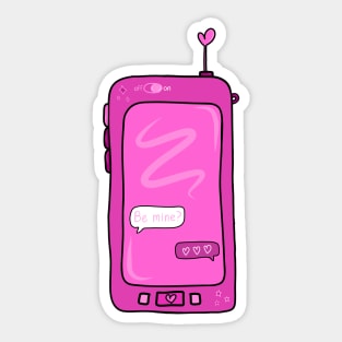 Text Conversation Speech Bubbles on Pink Retro Cell Phone that says “Be Mine?” With Hearts Replied, made by EndlessEmporium Sticker